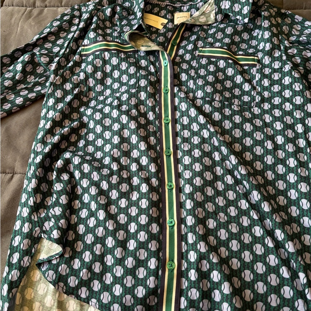 Anthropologie Maeve Green and White Patterned Shirt